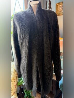 Esciō Brown rabbit-mohair beaded Open-Front Women’s Cardigan Sweater Sz L